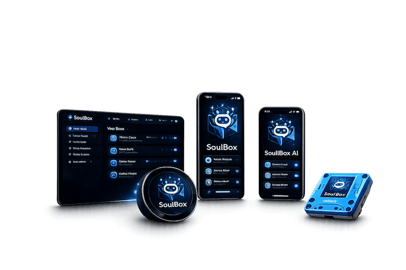 iPad, phones, hockey-puck device, and ESP32 dev kit running SoulBox
